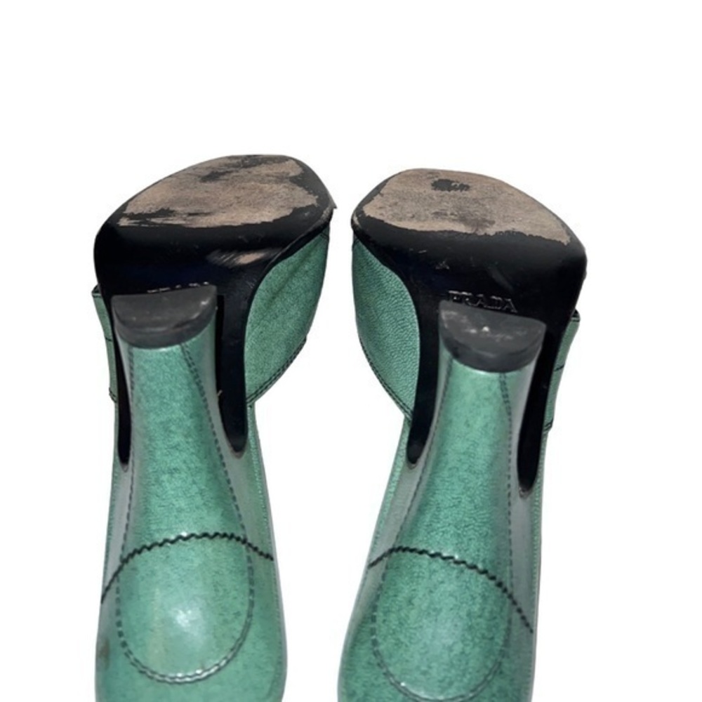 PRADA Vintage 2000s’ Green Leather Block Heel Peep Toe Sandals Mules 37.5 - Picture 7 of 9